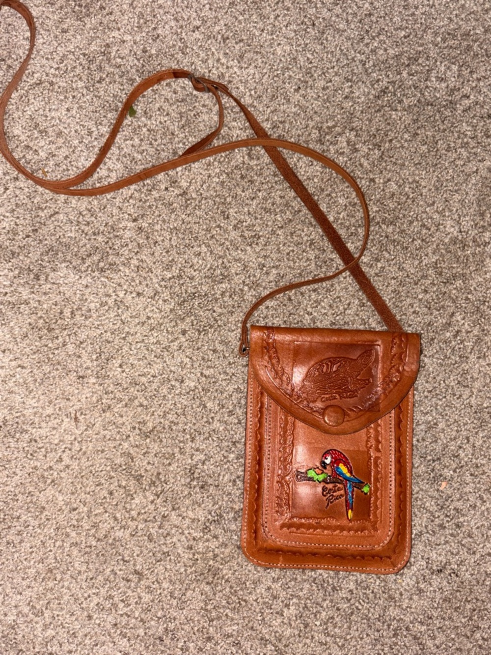 Brown Leather Crossbody Phone Pouch with Parrot Embroidery